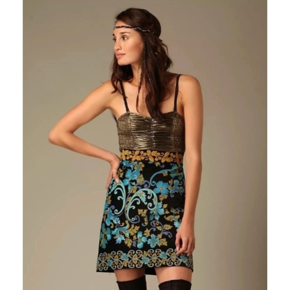 Free People Boho Floral Lost in Paradise Mini Dress Gold Metallic Smocked Blk 4